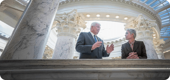 Caucasian senators talking in capitol